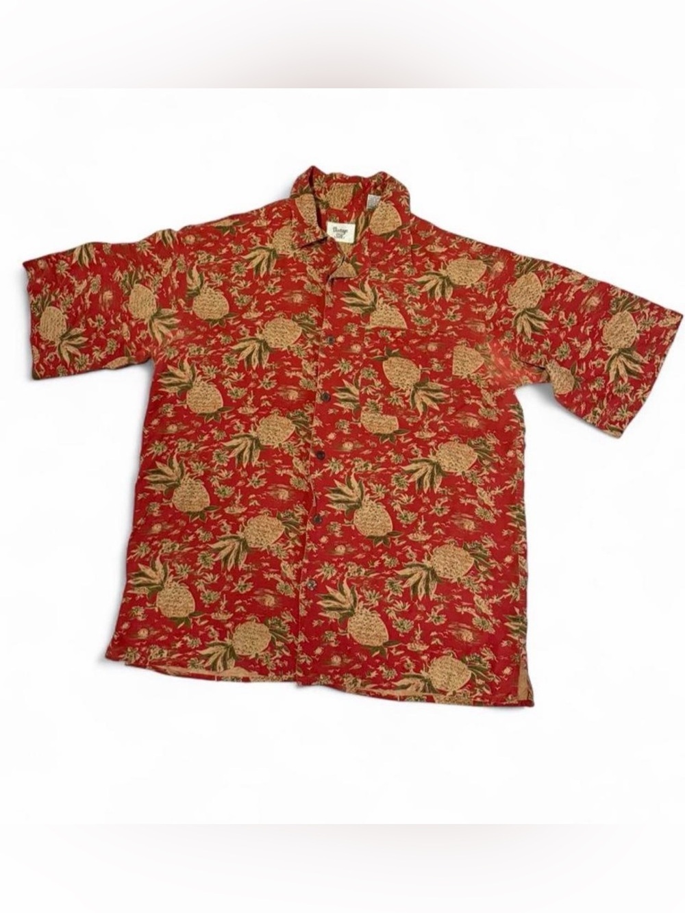 Vintage Silk Mens S 100% Silk Hawaiian Aloha Shirt Pineapple Tropical Camp Red